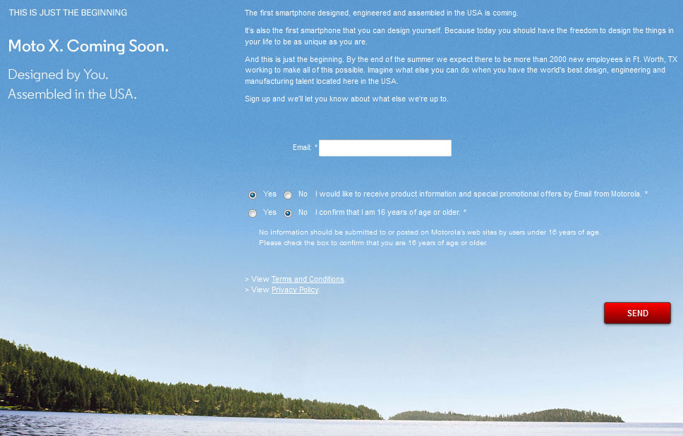 Moto X registration page