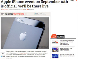 Screenshot of September 10th Apple event The Verge story