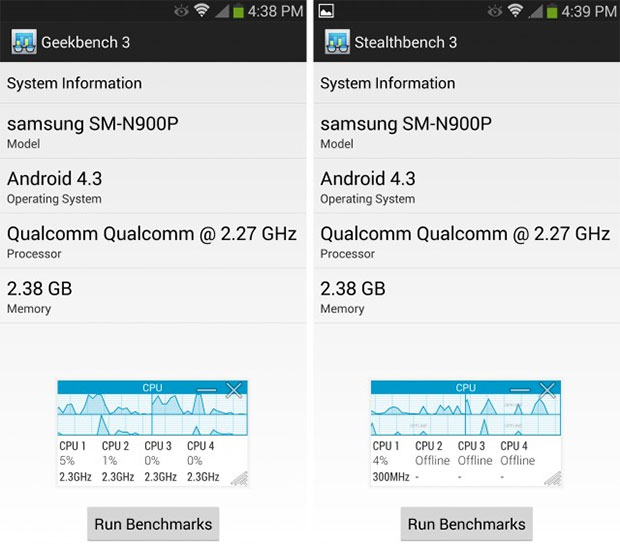 Manipulated Geekbench 3 Galaxy Note 3 benchmark results